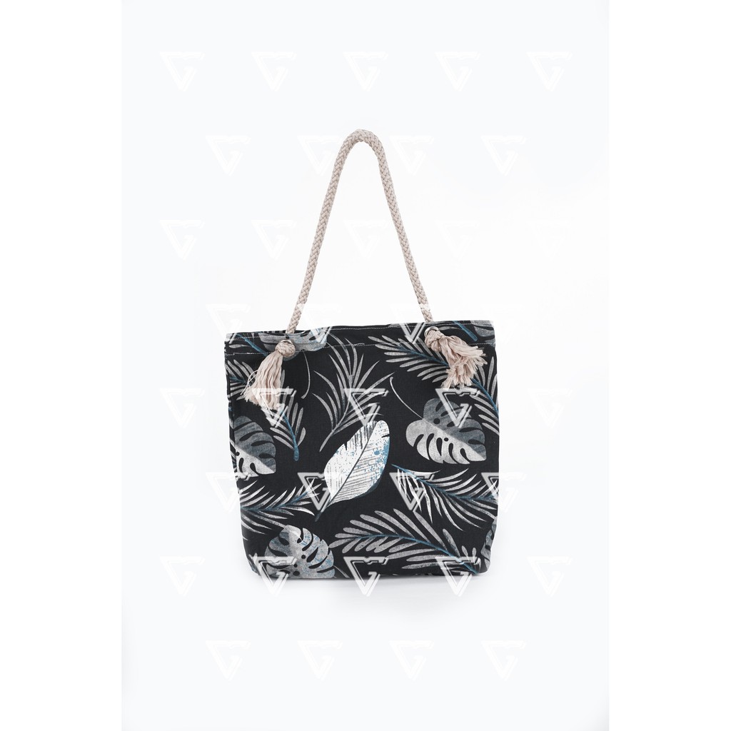 Tote Bag Kanvas Tali Sumbu - Tas Totebag Wanita Talisumbu Kanvas Motif Floral Hitam