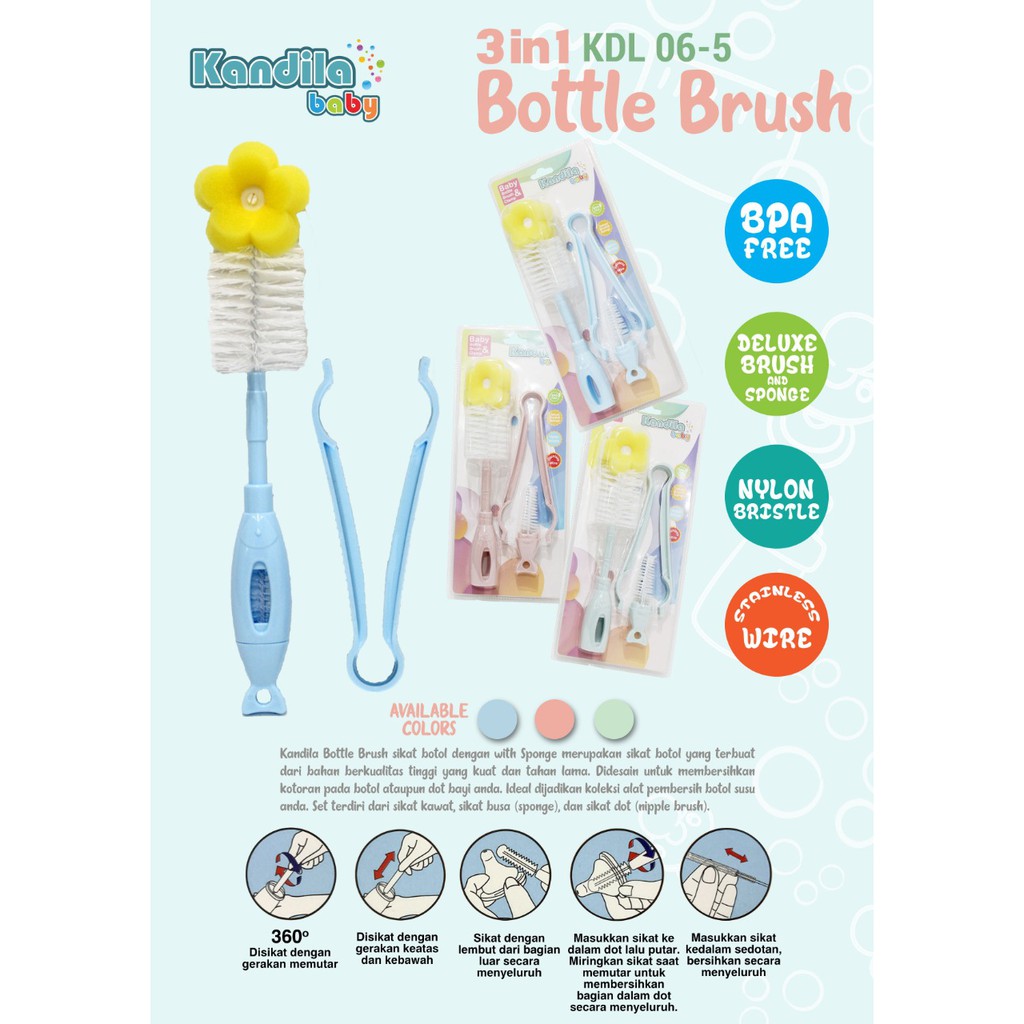 Sikat Botol Penjepit Botol Sikat Dot Empeng Bayi Kandila Baby KDL06-5 Bottle Brush 3in1- Bayi Online