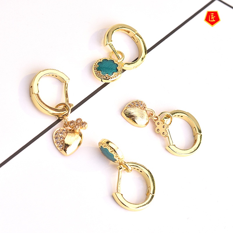 [Ready Stock]Fashion 18K Gold Diamond Heart-Shaped Earrings Creative