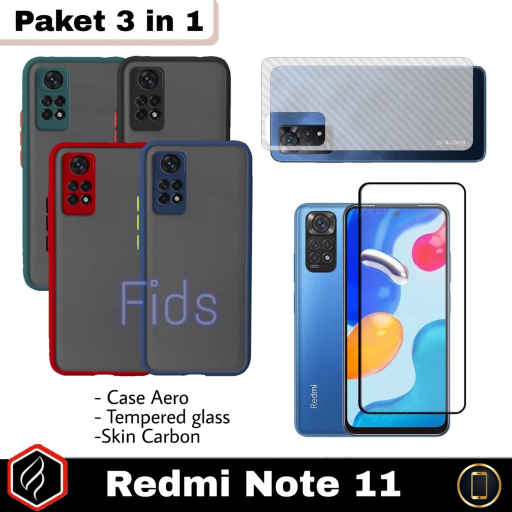 Paket 3in1 Case Xiaomi Redmi Note 11 Case Aero + Anti Gores Layar Free Garskin Carbon | Case Dove