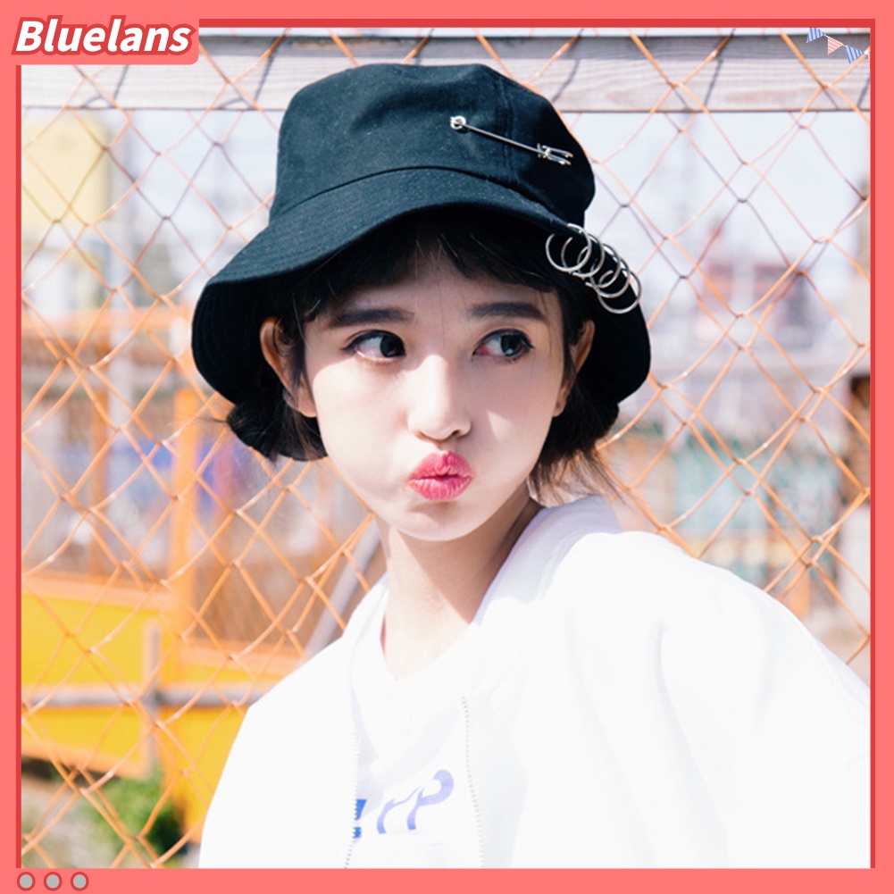 bluelans♘ Topi Bucket Fisherman Lipat Aksen Peniti+Cincin Besi untuk Outdoor