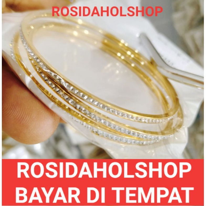 GELANG TANGAN WANITA TITANIUM FULL PERMATA isi 3 Pcs ANTI KARAT LAPIS EMAS 22K