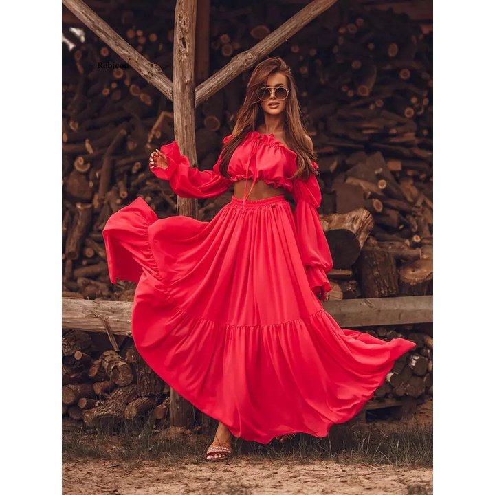 one set setelan rok wanita sabrina off shoulder with crop top lengan panjang balon dan rok payung re