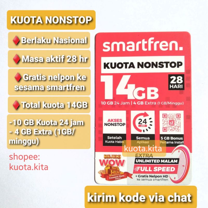 Voucher smartfren 14GB kuota Nonstop (kirim kode via chat) VCR Vocher kuota smartfren 14 GB