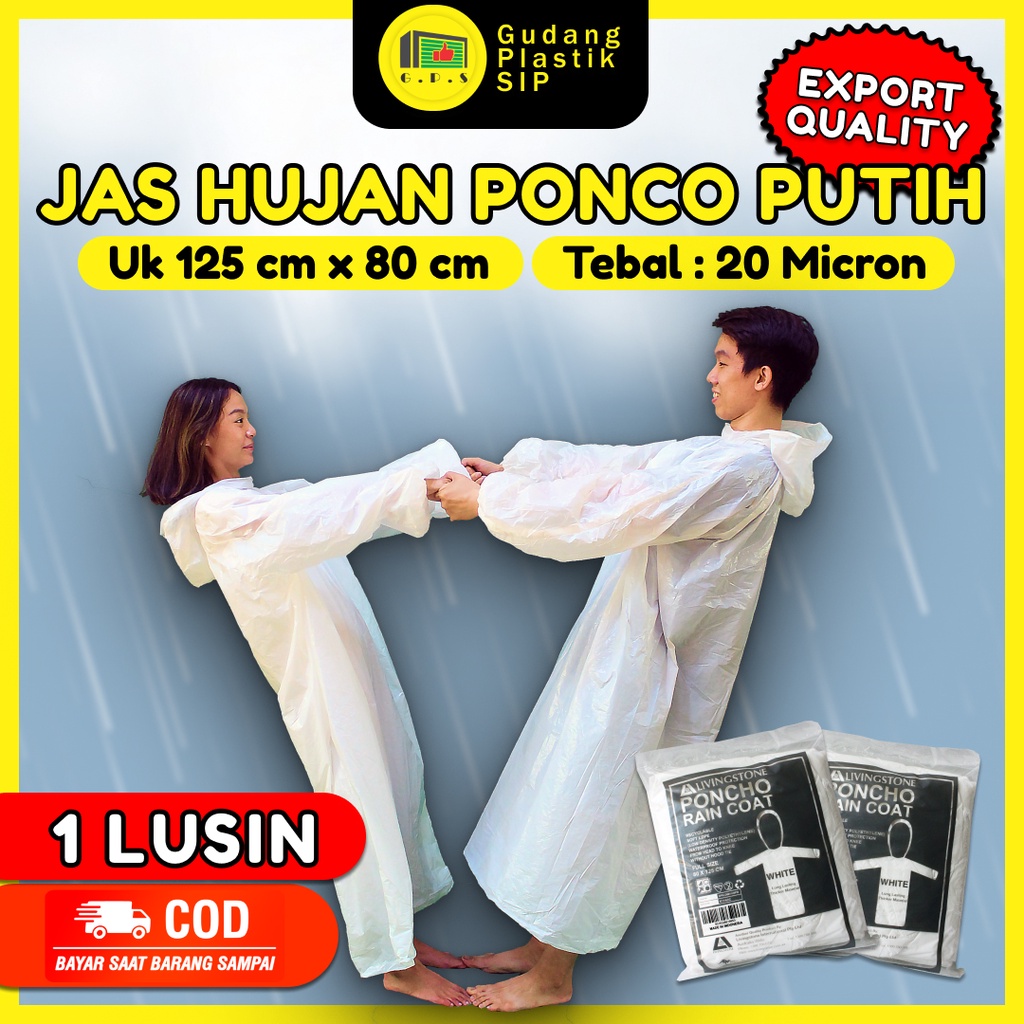 Jas Hujan Plastik Ponco Warna PUTIH Export Quality / Tebal (12 PCS)