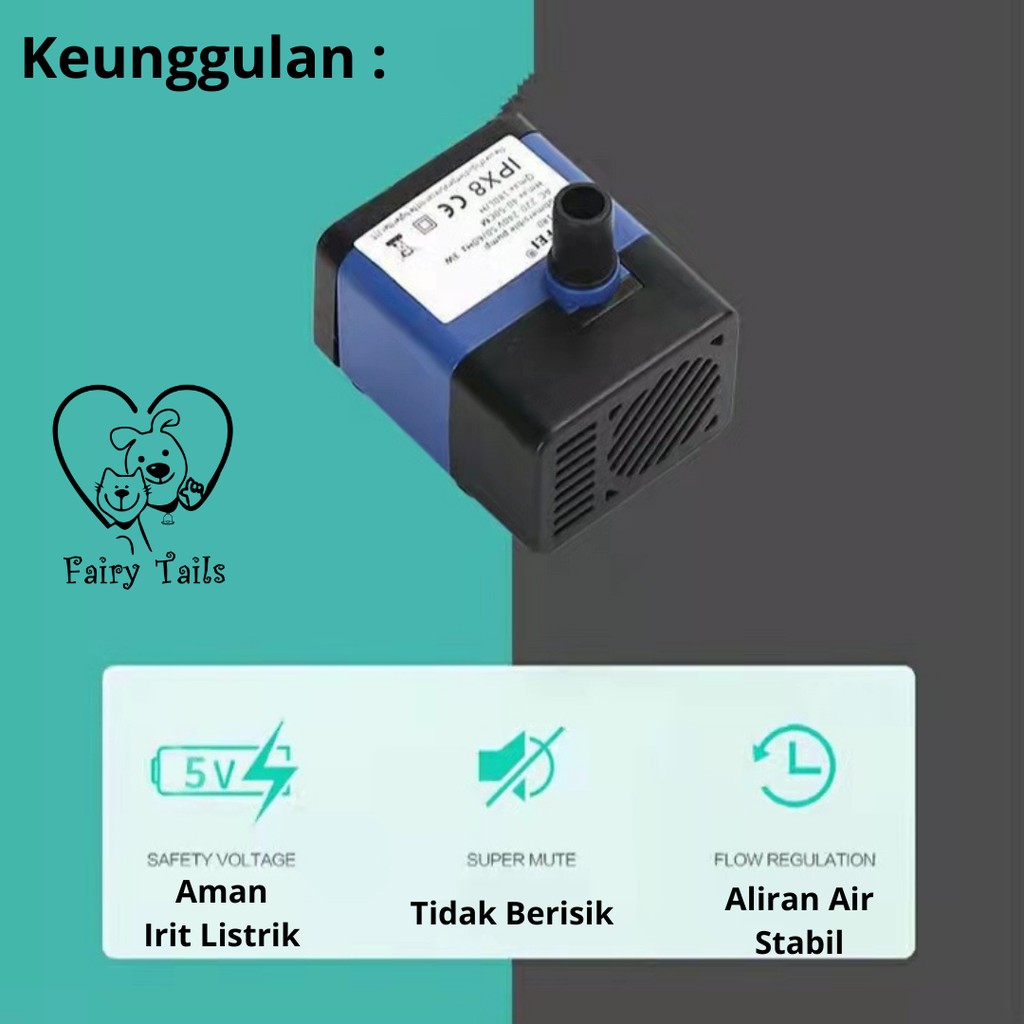 Pompa Air Mancur DC USB Adapter Untuk Anabul Kucing dan Anjing Dengan LED / Water Pump For Pets Water Fountain Cat and Dog