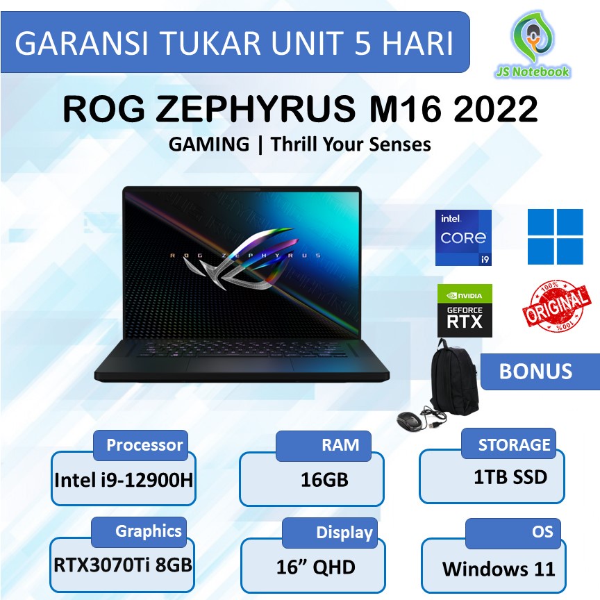ASUS ROG ZEPHYRUS M16 2022 GU603 I9 12900H 16GB 1TBSSD RTX3070TI 8GB  16.0QHD 165HZ W11+OHS-BLACK