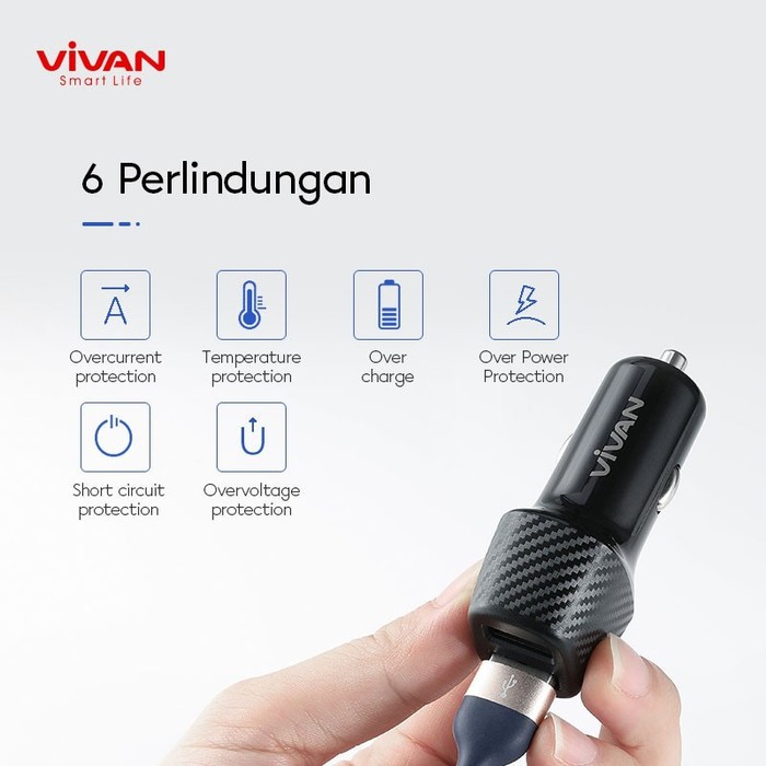 plug in VIVAN Car Charger Mobil CC02Q 30W Dual Port USB-A 3A Quick Charge 3.0 Garansi Resmi