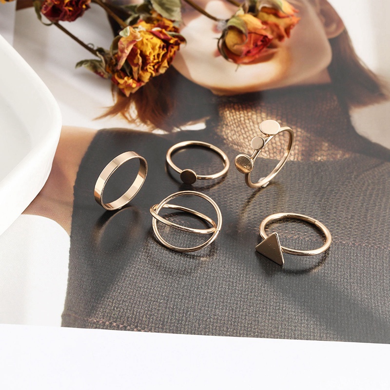 Fancyqube 5pcs / Set Cincin Bentuk Bulat Segitiga Geometris Gaya Eropa Untuk Wanita
