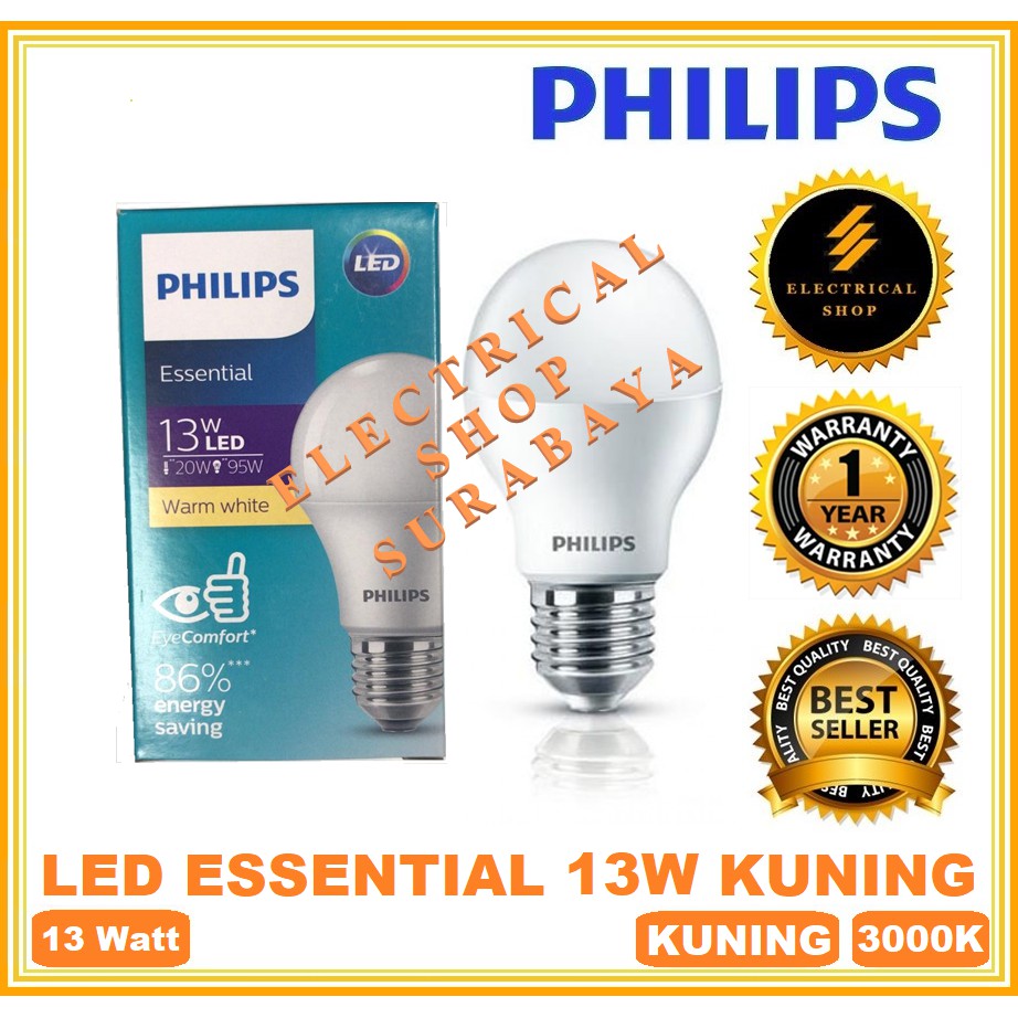 PHILIPS LAMPU LED ESSENTIAL 13W 13 W WATT (KUNING) (GARANSI 1 TAHUN &amp; GROSIR) ESS BULB ORI MURAH