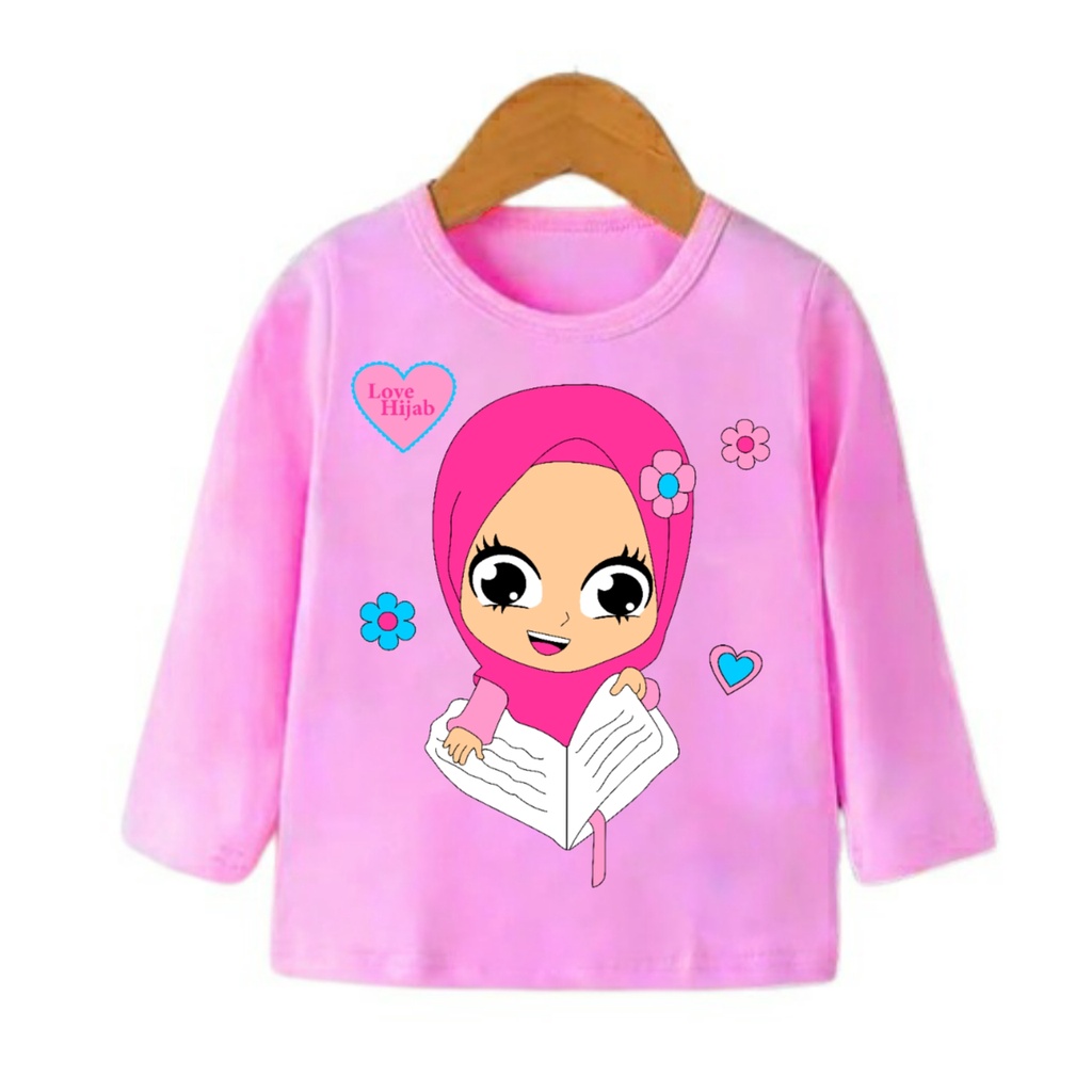 kaos anak perempuan lengan panjang muslimah gambar Hijab sablon real picture kode 002 pjg