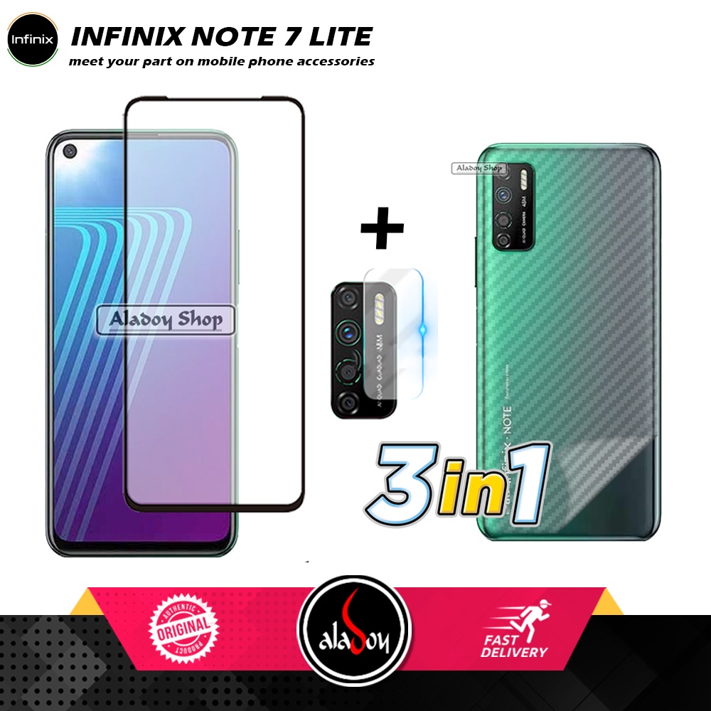 PAKET 3 IN 1 Tempered Glass Layar Infinix Note 7 Lite Free Tempered Glass Camera dan Skin Carbon