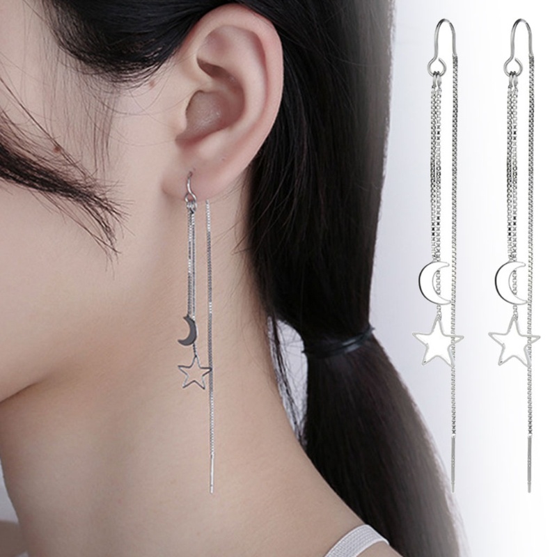 SIY  Shiny Silver Small Flat Moon Hollow Star Thread Through Earrings Threader Women