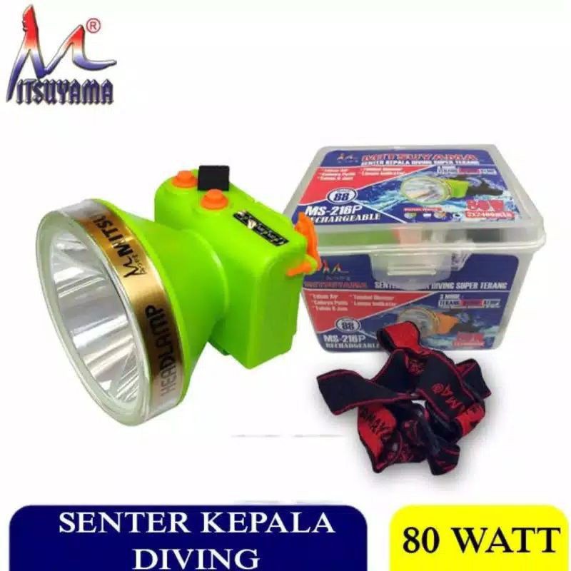 Senter Kepala Cas Mitsuyama 80 Watt MS-216 Senter LED Super Terang Jarak Jauh /Senter Selam Diving