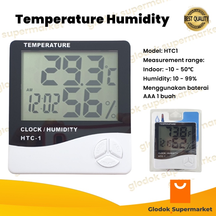 Hygrometer Thermometer Digital LCD HTC1 Alat Ukur Suhu Kelembapan HTC 1 Temperatur Humidity Clock