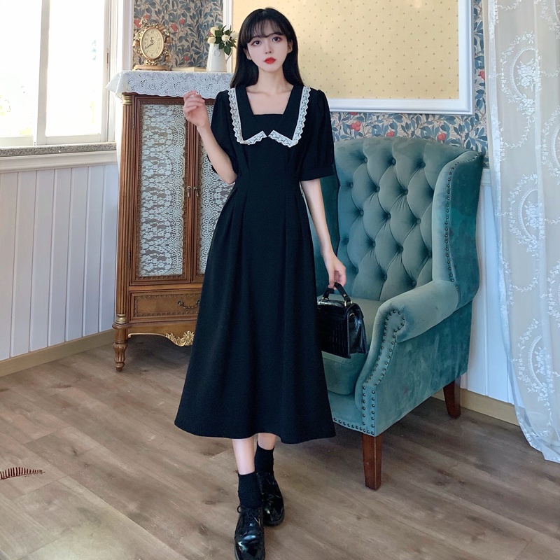 dress korea viral/  pakaian korea/ baju korea/Musim panas muda gaya baru boneka wanita kerah dress hitam ramping mid-length realpict