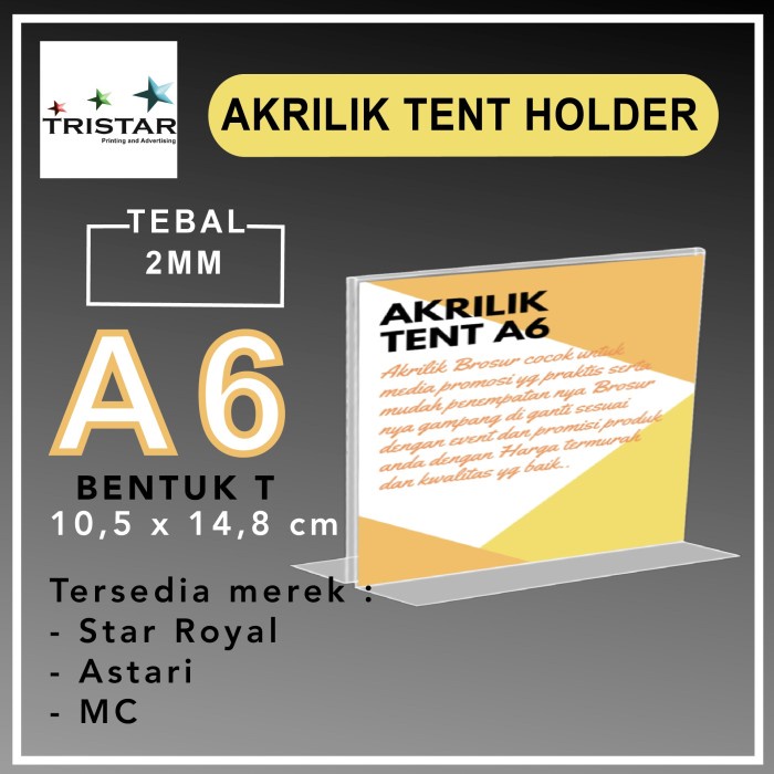 

Terlaris Tent holder brosur kaki custom A6 ( Uk 10 x 15 cm)