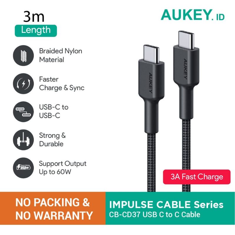Kabel Charger Aukey CB-CD37 USB C to C Nylon 3A Fast Charge 3m Original