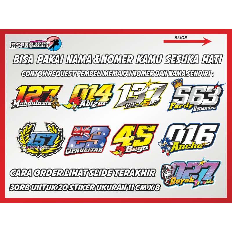STIKER NOMER STAR BALAP MOTOR |30rb/ 20 pcs stiker| DESIGN BEBAS REQUEST APA AJA |nama beng kel | na