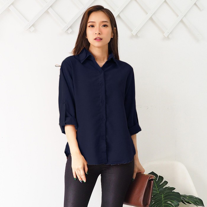 KEMEJA WANITA PANJANG Keren Atasan wanita Korea bahan adem Pakaian kekinian Kemeja Kantor Formal Put