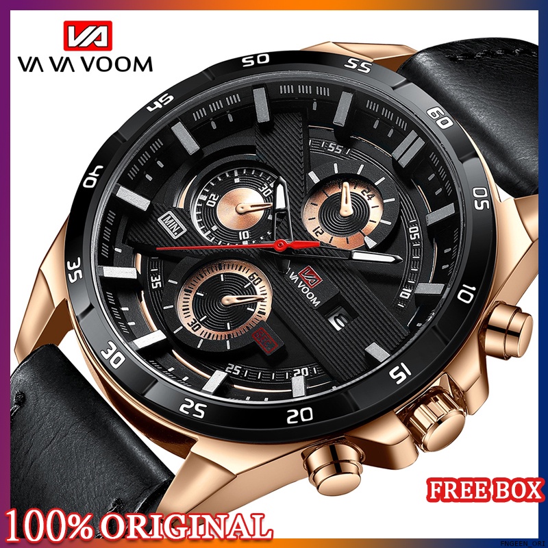 Jam Tangan Analog Pria Kulit Quartz Kronograf Bonus Kotak