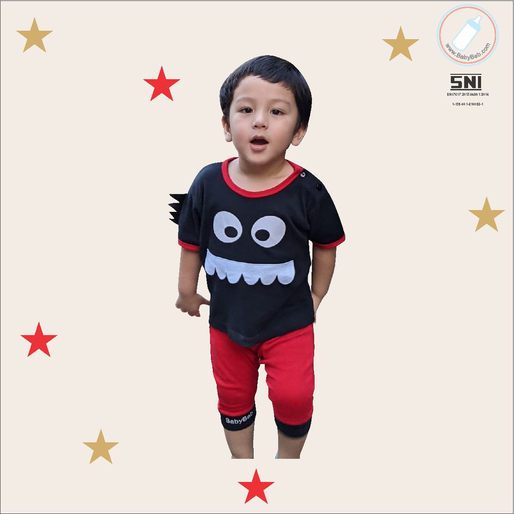 BERSERTIFIKASI SNI BABYBEB Little Monster BabyBeb Baju Setelan Kaos Celana Pergi Jalan Lucu Fashion Anak Bayi Cowok Laki Lucu