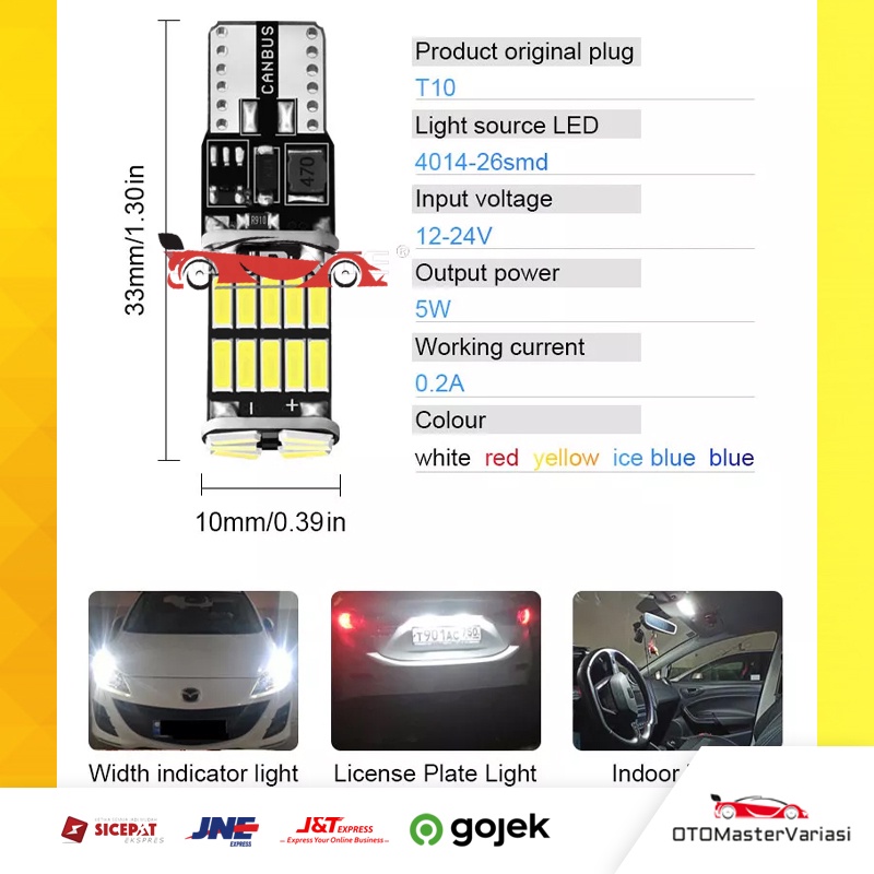 Lampu LED Mundur Senja Kabin Mobil Motor T10 T15 CANBUS 26 SMD Titik 4014 Error Free Tahan Panas dan Anti Air