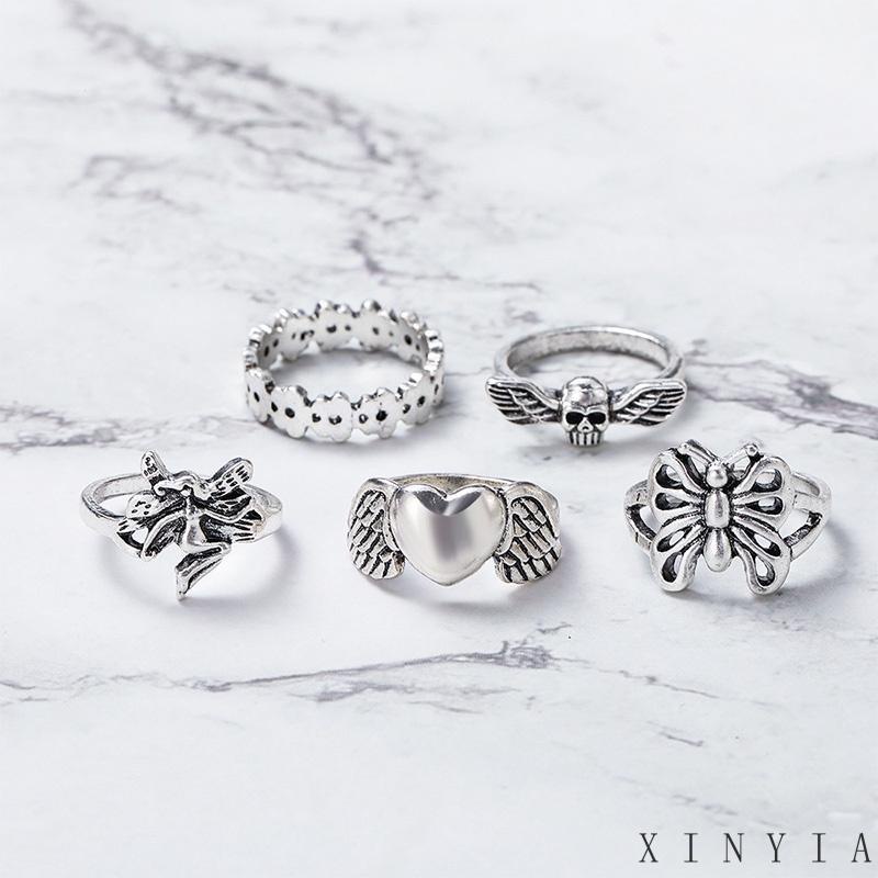 【COD】5pcs / Set Cincin Model Terbuka Desain Kupu-Kupu Hati Hollow Out Gaya Vintage