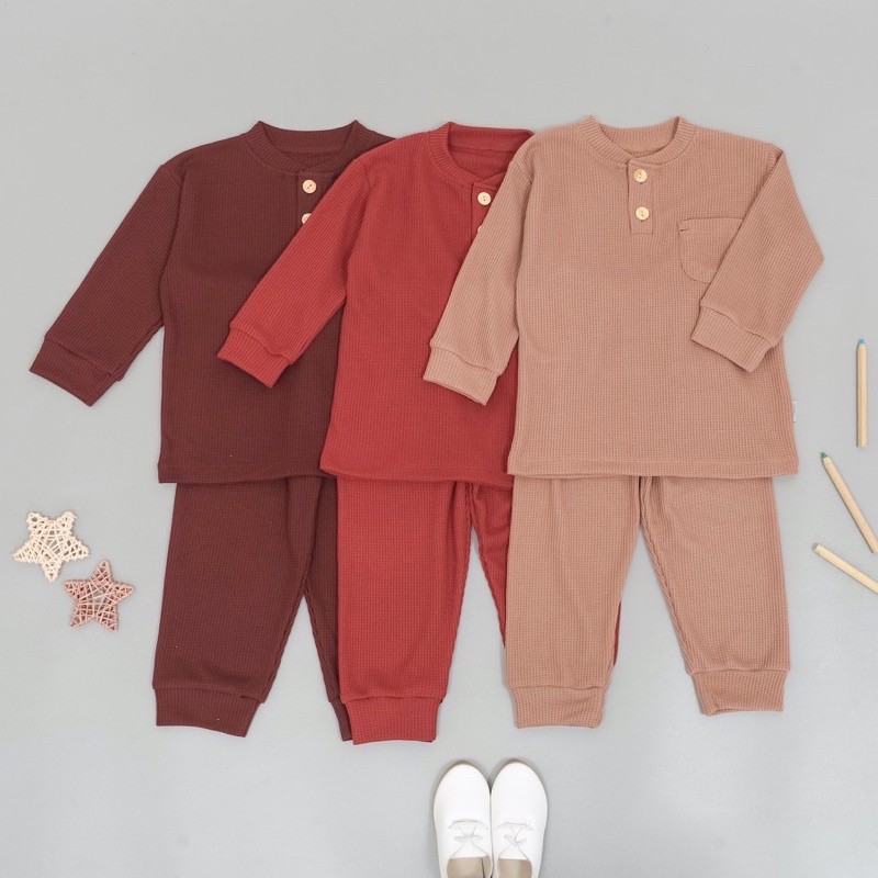 Mooi Pocket Waffle Knit Set/Setelan Piyama anak/Setelan piyama bayi