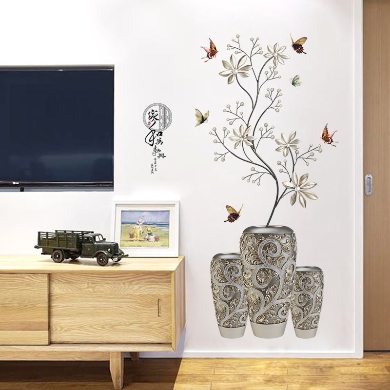 Reliza Wall Sticker Modern Vase Chinese Flowers Black Pot Stiker Dinding LDR