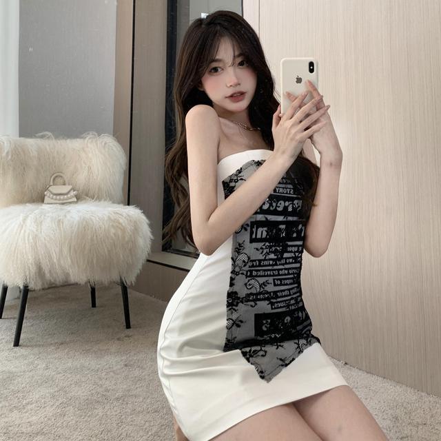Sexy Lace Print Tube Top Dress wanita Rok Musim Panas Ketat Slim Fit Kecil Paket Hip Rok Pendek