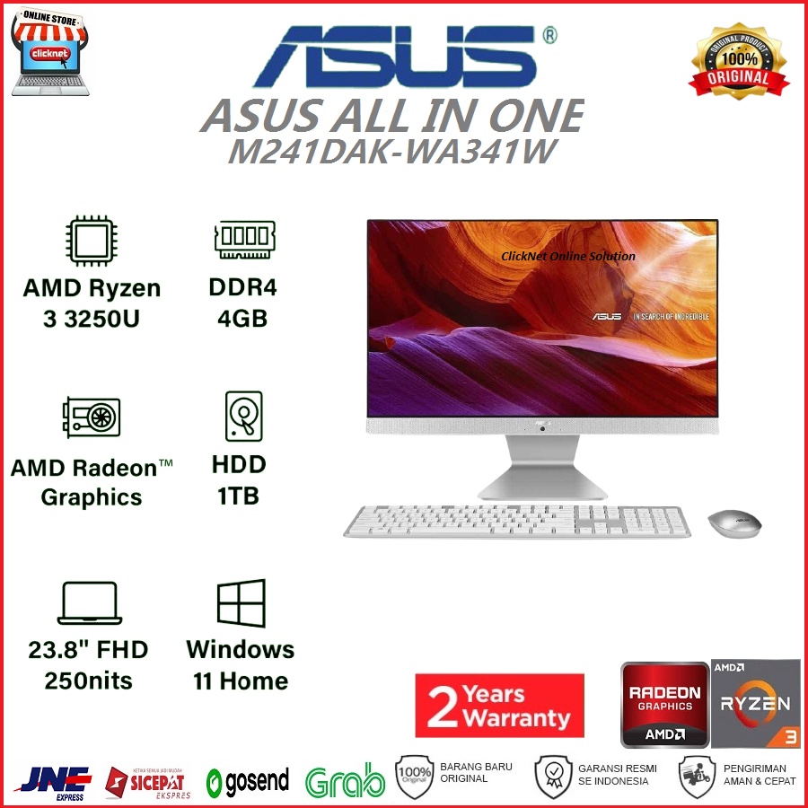 ASUS ALL IN ONE M241DAK-WA341W PC AIO AMD Ryzen 3-3250 4GB 1TB HDD WIN11