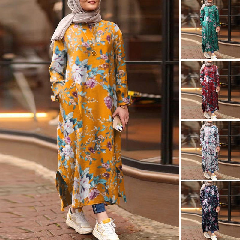 ZANZEA Women Long Sleeve Floral Vintage Oversized Muslim Long Dress