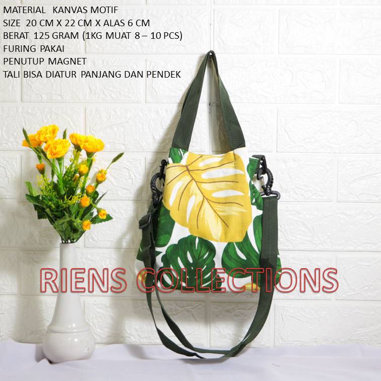 SLING BAG KANVAS TAS SELEMPANG KANVAS MOTIF DAUN TALAS. TAS KANVAS WANITA. TAS JOGJA. RIENS COLLECTIONS