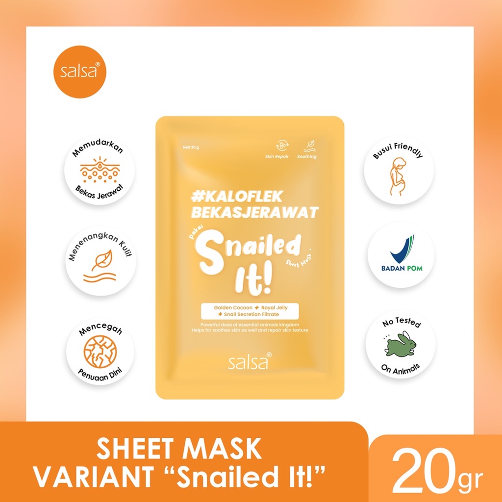 Salsa Sheet Mask 20gr | Masker Wajah Salsa Vitamin ABC, Snailed it, Hyaluronic | BPOM