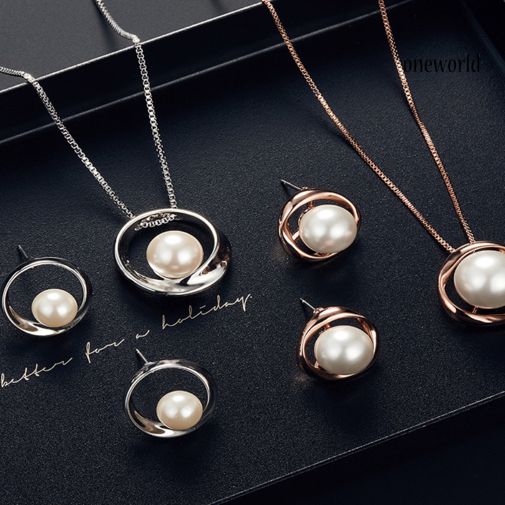 OW@ Women Faux Pearl Round Pendant Necklace Stud Earrings Wedding Party Jewelry Set