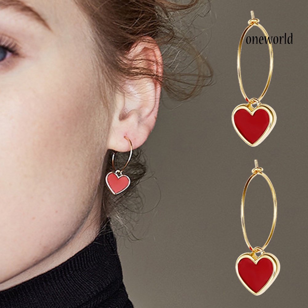 OW@ Fashion Party Women Red Love Heart Pendant Hoop Earrings Jewelry Birthday Gift