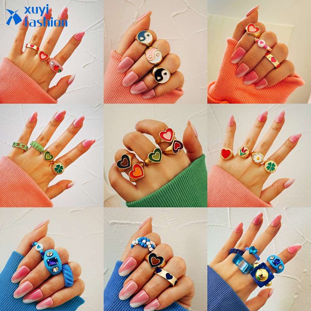 5Pcs/set Retro Rings Set Oil Dripping Heart Resin Beads Ring Women Ins Fashion Geometry Jewelry Accessories