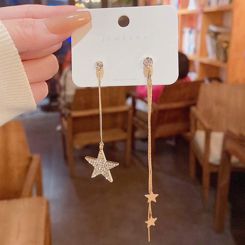 Anting Tusuk Gantung Panjang Asimetris Bahan Sterling silver 925 Desain Bintang Hias Zircon Untuk Wanita