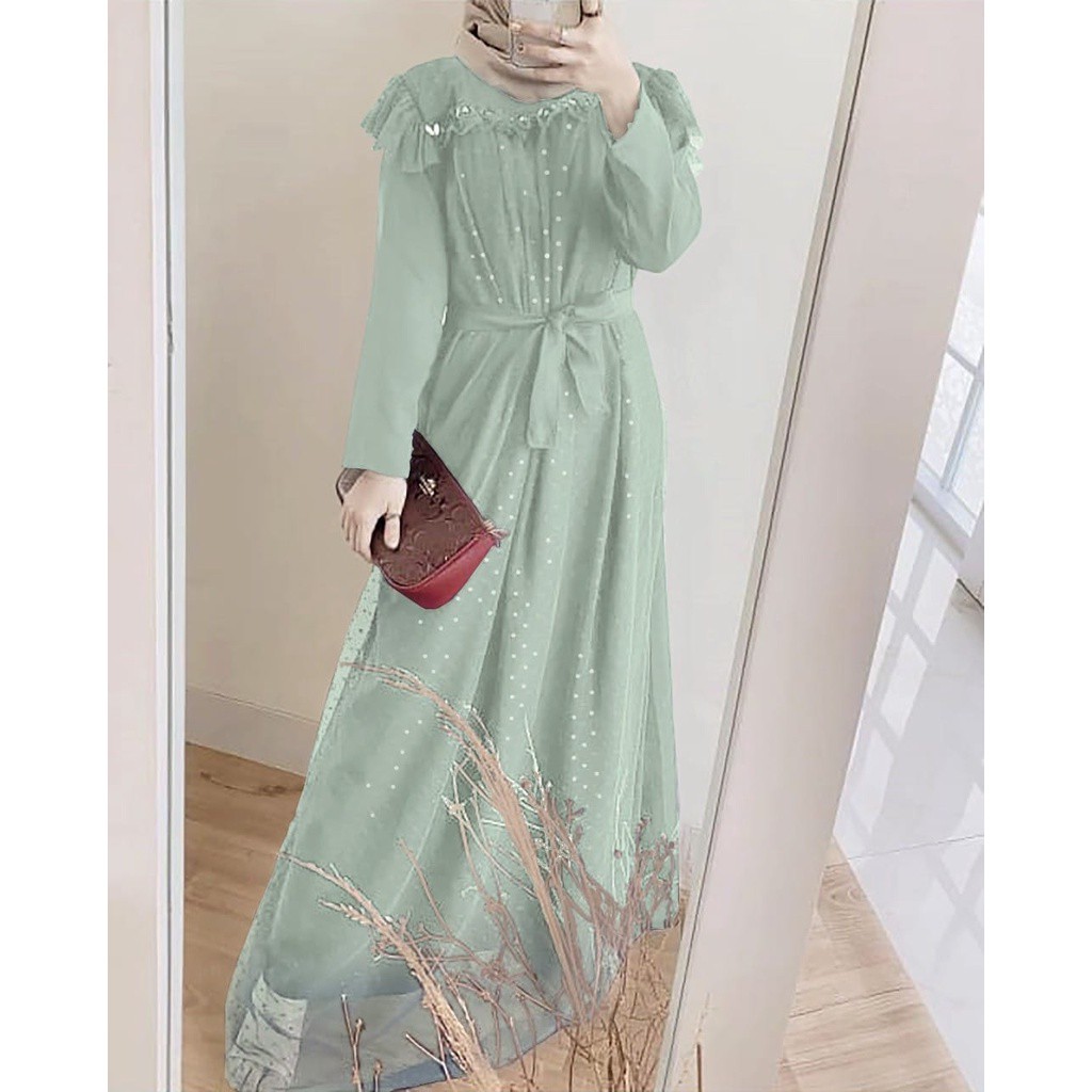 ALCAVELLA Dress Baju Gamis Brukat Tile Remaja Dewasa Seragam Pesta Wanita Muslim - Sage Green Hijau 