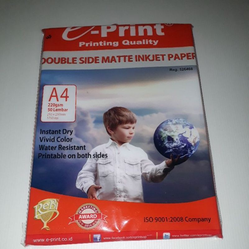 

Kertas foto eprint uk A4 double side matte inkjet 220 gsm isi 50 lbr