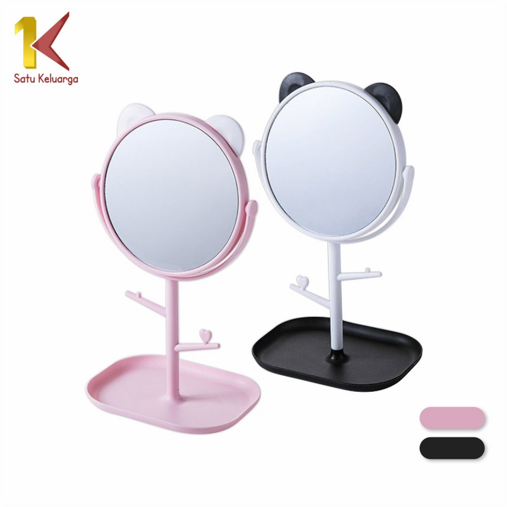 Satu Keluarga Cermin K91 Kaca Meja Rias Bulat Lucu Motif Telinga Panda Serbaguna / Rotating Standing