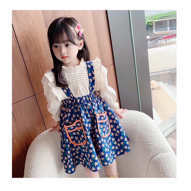 Dress import Anak Perempuan Gaun Pesta Korean Style Set 2in1 Motif Biru Bunga Pouch