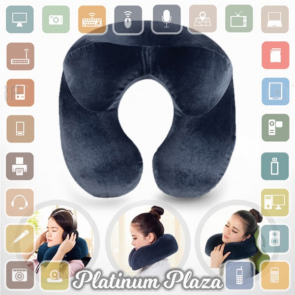 YMYQ Bantal Leher U-Shape Inflatable Travel Neck Pillow - 300TC - Dark Blue`EXSMGQ-