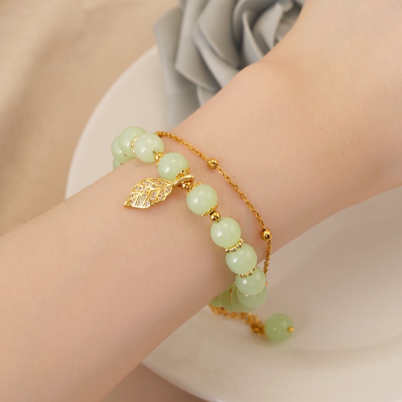 Perhiasan Gelang Giok Hetian 24K Motif Daun Lonceng Dapat Disesuaikan Untuk Wanita