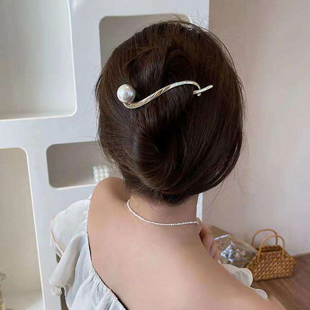 Needway   Klip Rambut Melengkung Sederhana Vintage Mutiara Kembali Kepala Perempuan Hiasan Kepala Ponytail Holder