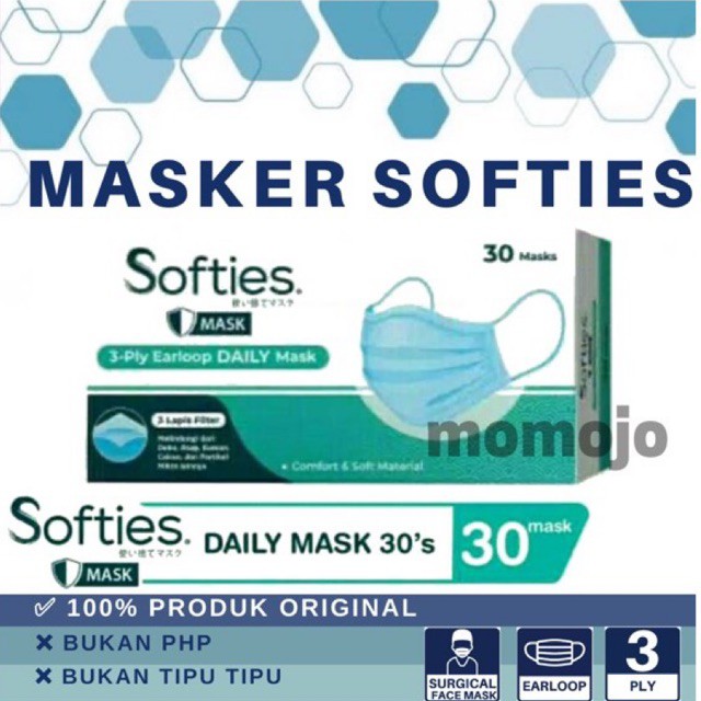 MASKER SOFTIES DAILY | SURGICAL MASK 3 PLY EARLOOP BOX 30 PCS | SACHET 5 PCS