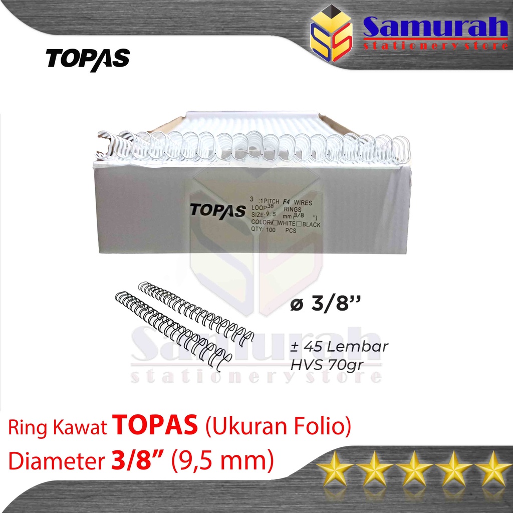 

Ring Binder Kawat Topas Ukuran Folio 3/8" Diameter 9,5 mm / 38 Wire Ring Binding 3 : 1 isi 100 Batang / 38 Lubang