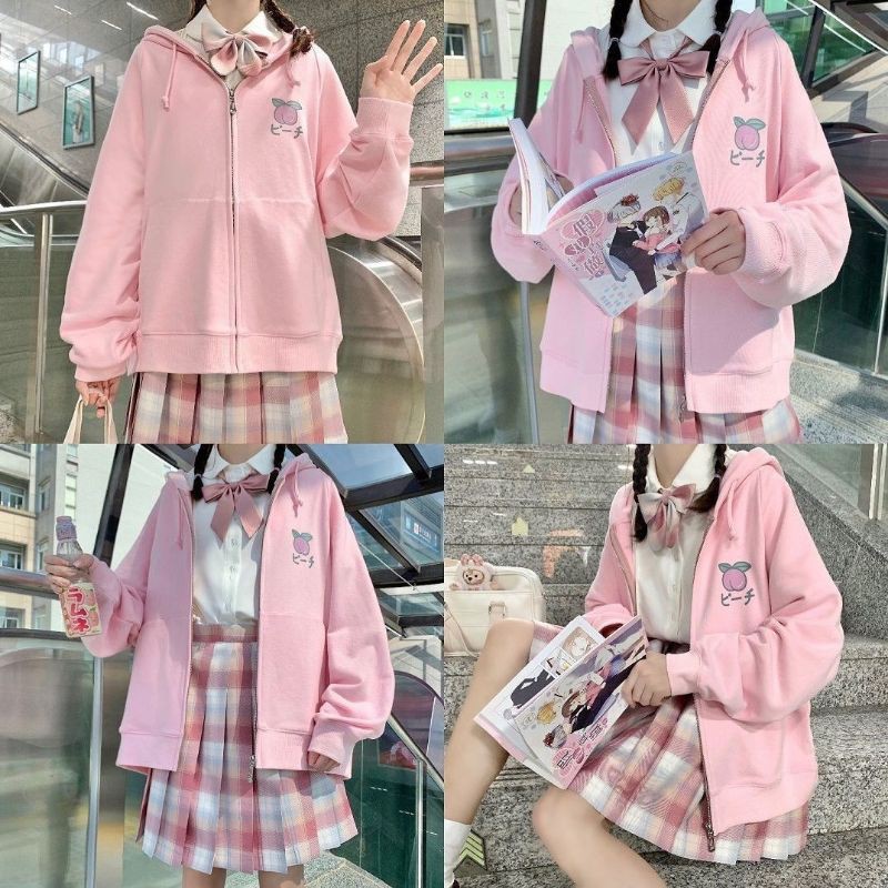Jaket Zipper all jepang print peach pink