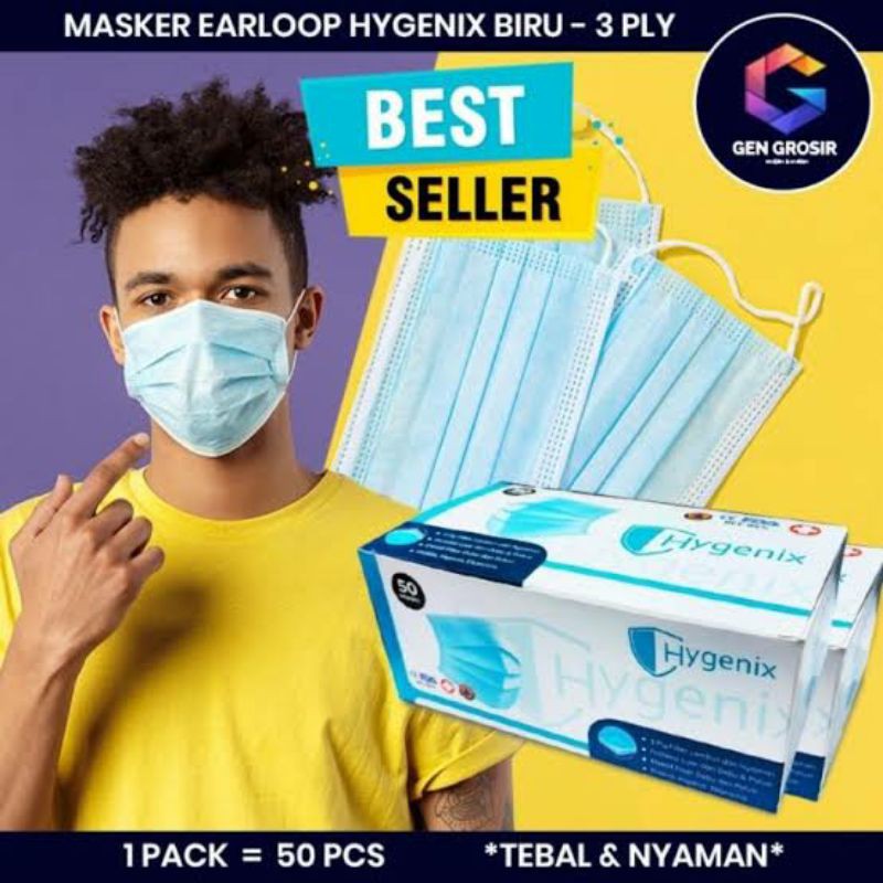 masker hygenix/masker cantol/masker earloop hygenix biru 3 ply (dewasa)